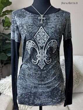 New Vocal Apparel women's embellished crystal black fleur de lis shirt s m l xl